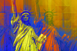 Statue of Liberty repeating pattern, vibrant pop art style, colorful glitch design background