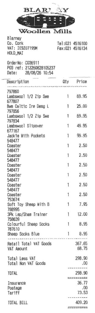 Blarney Woolen Mills Receipt Blarney Woolen Mills Receipt