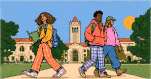 dgbillustration college students walking on campus in paj